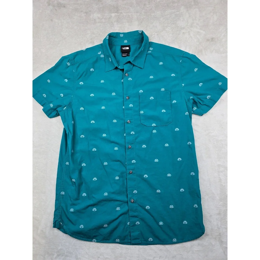The North Face Igloo Print Shirt Mens Large Teal Cotton Short Sleeve Button Down
